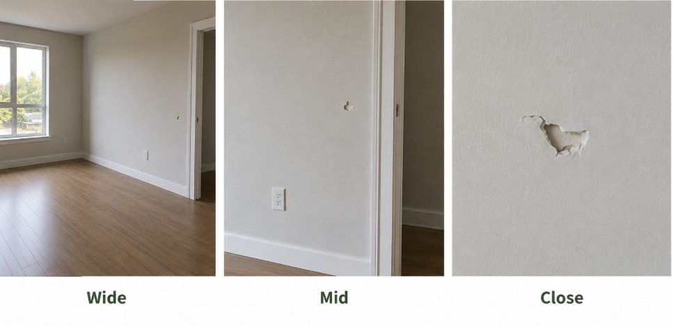 Three-panel comparison showing the same wall flaw photographed at wide, mid-range and close distances