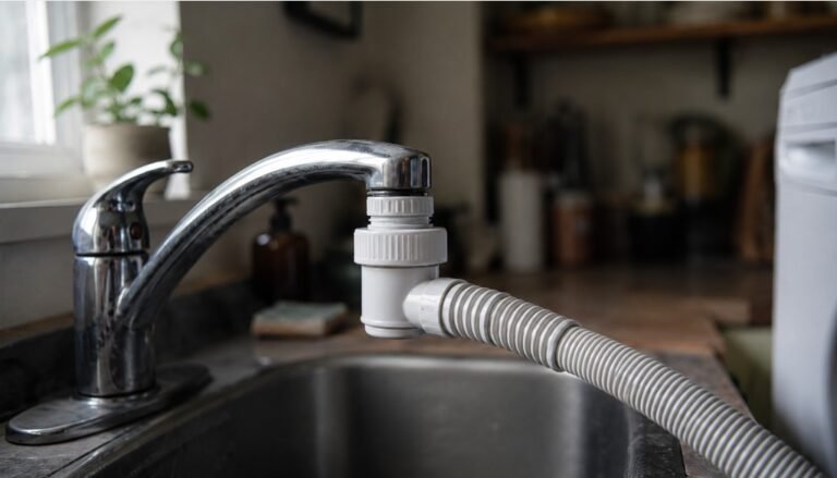 Portable washing machine adapter threaded onto an apartment kitchen faucet
