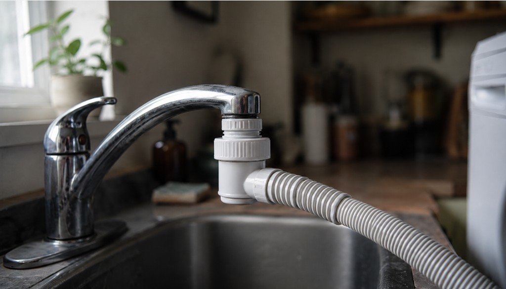 Portable washing machine adapter threaded onto an apartment kitchen faucet
