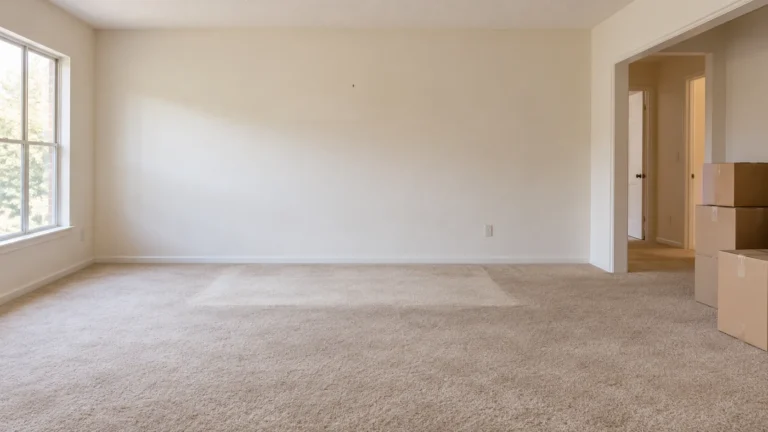 Empty apartment living room with a lighter rectangle of carpet where a sofa stood and a small nail hole on the wall above it