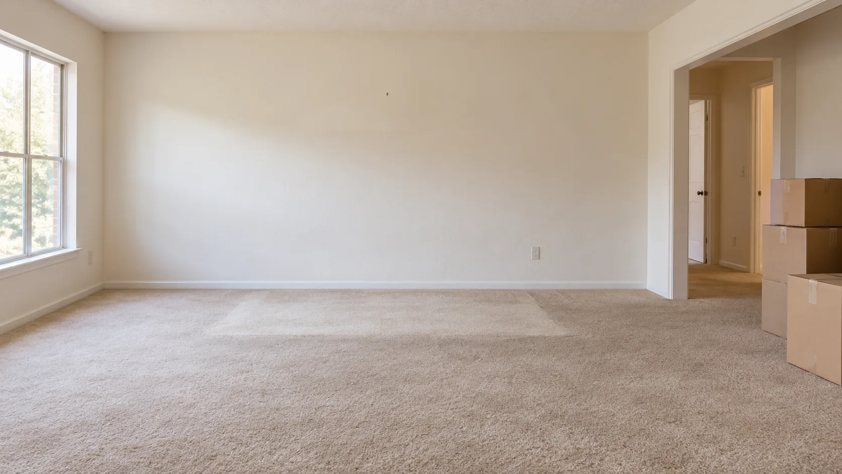 Empty apartment living room with a lighter rectangle of carpet where a sofa stood and a small nail hole on the wall above it